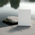 Blank mockup of poster billboard on single, flat stone lying on the surface of a lake AI generation