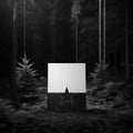 Blank mockup of poster billboard on small, black star, sparkling in a dark forest. AI generation