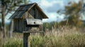 Blank mockup of a rustic wooden mailbox with a metal roof reminiscent of a country farm.