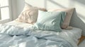 Blank mockup of soft pastelcolored bed sheets on a cozy single bed.