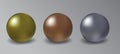 Blank mockup spheres set. Metalic three-dimensional objects. Gold, silver and bronze. Realistic vector iron ball. Globe