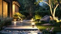 Blank mockup of a sprawling backyard landscape with strategically p spotlights highlighting key features.