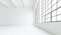 Blank modern industrial room with huge panoramic windows,painted white wood floor,empty walls.3D rendering.Generic