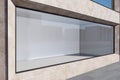 Blank modern outdoor showcase in concrete building. Daylit day. Mock up place for your advertisement. Shopping concept. 3D