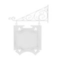 Blank Monochrome White Hanging Sign with Free space for Your Design and Floral Forging Elements in Clay Style. 3d Rendering Royalty Free Stock Photo