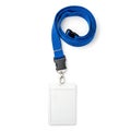 Blank name badge attached to a blue lanyard with a black clip Royalty Free Stock Photo
