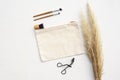 Blank natural makeup bag mockup flat lay Royalty Free Stock Photo