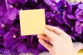 Blank note paper in hand on fresh beautiful purple vanda orchid flower bouquet background, copy-space on card to put your message Royalty Free Stock Photo