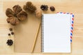 Blank notebook with airmail envelope dried pine cone chestnut wa Royalty Free Stock Photo