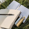A blank notebook open on a grassy field with customizable pens scattered around as mockups2