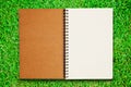 Blank notebook open on green grass field Royalty Free Stock Photo