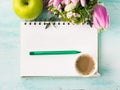 Blank notebook page with pen and cup of coffee Royalty Free Stock Photo