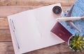 Blank notebook,passport,compass,airplane and map on wooden table Royalty Free Stock Photo