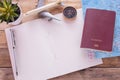 Blank notebook,passport,compass,airplane and map on wooden table Royalty Free Stock Photo