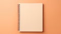 A blank notebook on a peach colored surface, peach fuzz, trendy color of the year 2024.