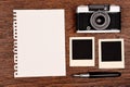 Blank notebook with pen, photo frames and camera