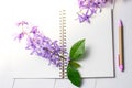 Blank notebook with pen and purple flowers on white wooden background Royalty Free Stock Photo