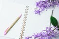 Blank notebook with pen and purple flowers on white wooden background Royalty Free Stock Photo