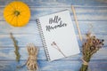 Blank notebook with pencil and autumn pumpkins Royalty Free Stock Photo