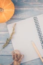 Blank notebook with pencil and autumn pumpkins Royalty Free Stock Photo