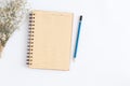 Blank notebook with and pencil on white background, Flat lay photo of notebook for your message, Top view of note book brown open