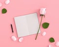 Blank notebook and pink rose, valentine concept, 3D rendering Royalty Free Stock Photo