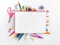 Blank notebook with School office supplies on a desk with copy space. Royalty Free Stock Photo