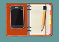 Blank notebook, smart phone