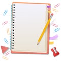 Blank notebook with stationery notebook, paper clips, pencil, eraser, sharpener