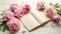A blank notebook surrounded by delicate pink peonies on a white wooden surface. Generative AI Royalty Free Stock Photo