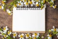 Blank notebook with white flower and bas ket of flower on vintage wooden table Royalty Free Stock Photo