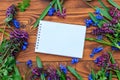 Blank notepad and bouquet of purple corydalis flowers and blue scilla flowers on wooden background Royalty Free Stock Photo