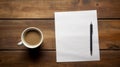 Blank notepad flat lay design with coffee cup on wooden table Royalty Free Stock Photo