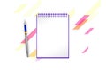 Blank notepad with light blue diagonal blocks and diagonal lines on background to add any text. 3d illustration