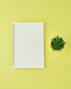 Blank notepad page in bullet journal on bright yellow office desktop. Top view of modern bright table with notebook, minimalism. Royalty Free Stock Photo