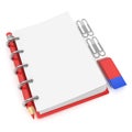 Blank notepad, pencil, rubber and paperclips. 3D render Royalty Free Stock Photo