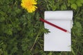 Blank notes pad with recycled paper and red wooden pencil on the grass Royalty Free Stock Photo