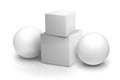 Blank objects composition mockup. White cube and sphere. Isolated objects on a white background. 3D rendering