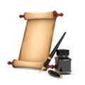Blank Old Paper Scroll Parchment Mockup and Fountain Pen with Black Ink Bottle. 3d Rendering Royalty Free Stock Photo