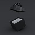 Blank open black gift box or black present box with black ribbons and bow on dark background with shadow minimal black