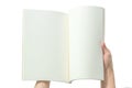 Blank open book mockup template in woman`s hands with paper texture copyspace isolated on white background clipping path Royalty Free Stock Photo