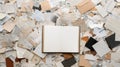 A blank, open book rests in the center of a flat surface covered in scattered papers Royalty Free Stock Photo
