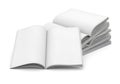 Blank open book and stack of white paper sheets on a white background Royalty Free Stock Photo