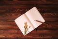 Blank open notebook, wooden pencil and dandelion on wooden background Royalty Free Stock Photo