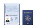 Blank open passport template. International passport with sample personal data page. Vector stock illustration. Royalty Free Stock Photo