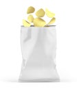 Blank open snack white package bag. Chips packaging isolated on white beckground