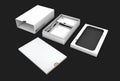 Blank opened box package for mobile phone isolated on black background, Illustration