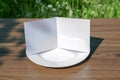 Blank opened square bifold card on a classic empty white plate on the  outdoor wooden table and green grass behind, clean template Royalty Free Stock Photo