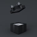 Blank opening black present box or black gift box with black ribbons and bow on dark background with shadow minimal