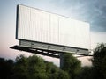 Blank outdoor advertising billboard in green trees. 3d rendering